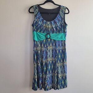 Vintage Y2K blue babydoll dress geometric print scoop neck knee length flare ski